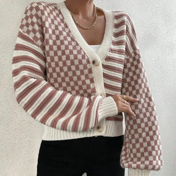 Checker Pattern Drop Shoulder Cardigan - Picture 4 of 5